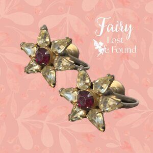 Vintage Clear & Red Rhinestone Gold Screw Back Earrings